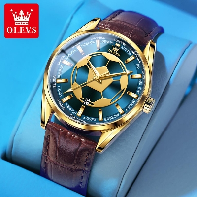 Picture of Olevs 9949 Football Watch Leather Analog Wrist Watch For Men - Golden & Blue