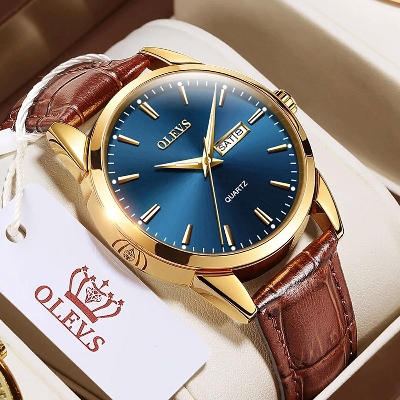 Picture of Inspired by Olevs  6898 Leather And Stainless Steel Waterproof Simple Quartz Watch - Coffee , Blue