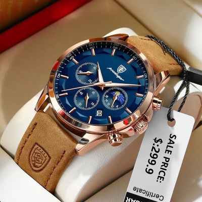 Picture of Inspired by POEDAGAR 2023 Luxury Man Wristwatch Military Waterproof Luminous Chronograph Men Watch Stainless Steel Men's Quartz Watches+box ( Golden brown )