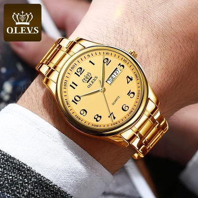 Picture of Inspired by Men's OLEVS 5567 Fashion Stainless Steel Japan Quartz Analog Day Date Watch Silver. gold & white
