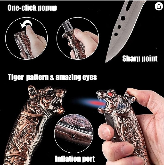 Picture of Windproof Tiger Lighter, Unique Knife Design, Refillable Butane, Multifunctional Fold With Knife, Bottle Opener Metal Ideas, Cool Personality Lighter, Suitable for Holidays, Birthdays, Men's Gifts (C) ( Gold )