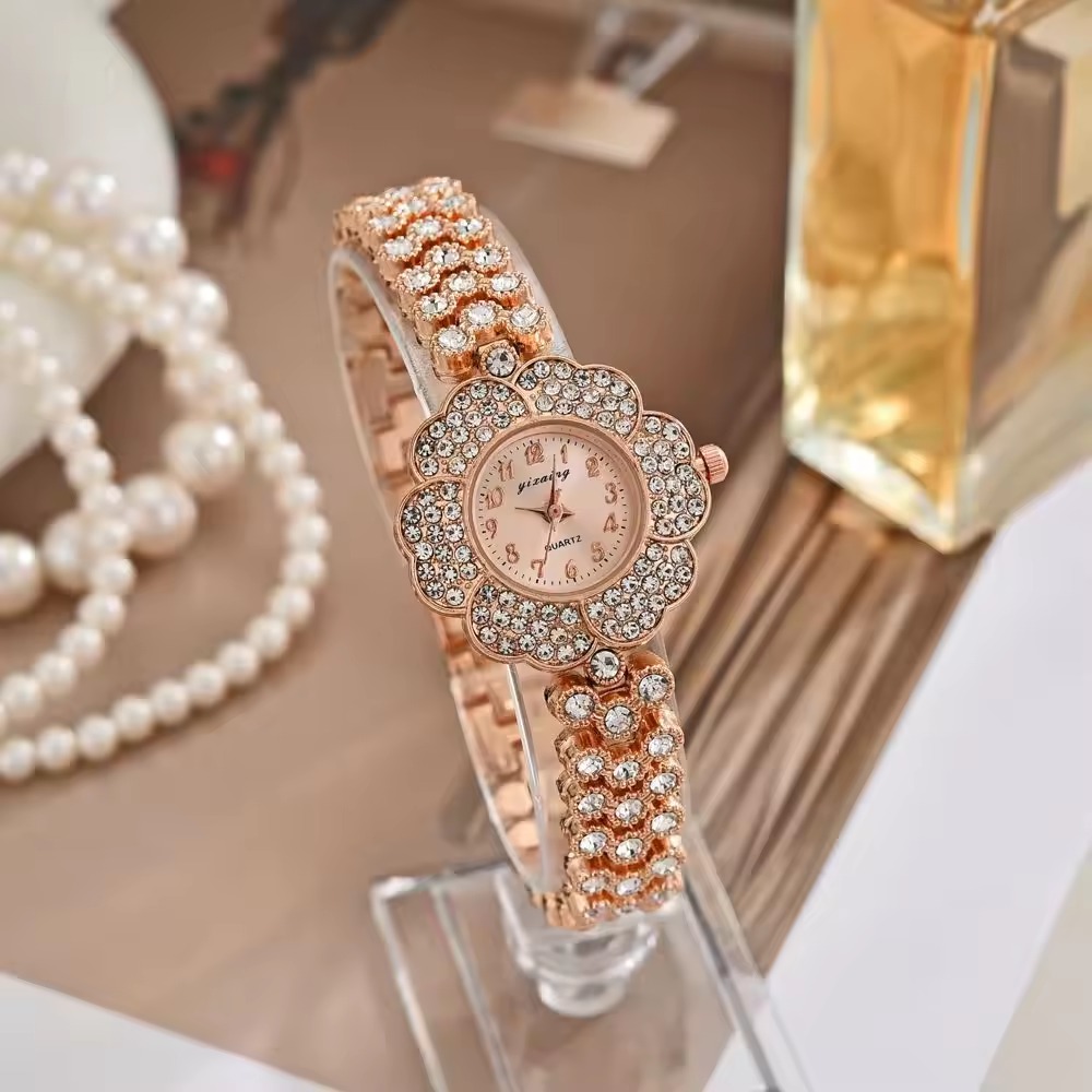 Picture of Brand-designed women's quartz wristwatch with steel strap and luxurious gold gemstone with vintage flowers ( Rose Gold )