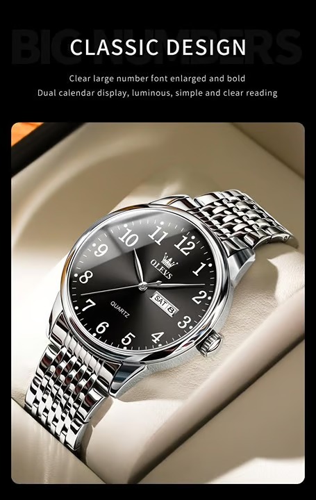 Picture of Inspried bye OLEVS Mens Watch Stainless Steel Analog Quartz Watches for Men Day Date Easy Read Diamond Waterproof Dress Luxury Classic Casual Big Face Blue/Black/Gold/Silver Roman Arabic Numerals Men's Wrist Watch