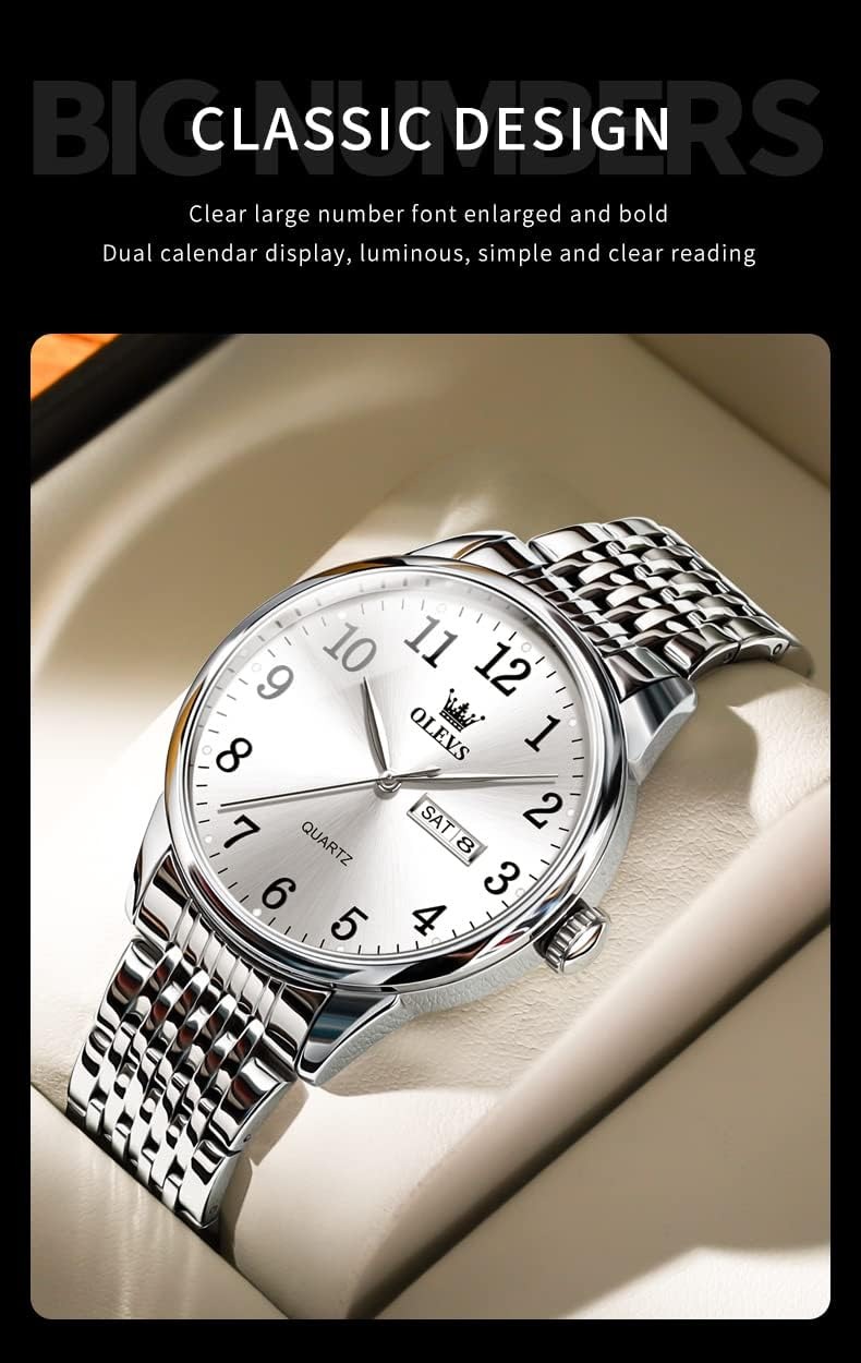 Picture of Inspried bye OLEVS Mens Watch Stainless Steel Analog Quartz Watches for Men Day Date Easy Read Diamond Waterproof Dress Luxury Classic Casual Big Face Blue/Black/Gold/Silver Roman Arabic Numerals Men's Wrist Watch