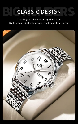 Picture of Inspried bye OLEVS Mens Watch Stainless Steel Analog Quartz Watches for Men Day Date Easy Read Diamond Waterproof Dress Luxury Classic Casual Big Face Blue/Black/Gold/Silver Roman Arabic Numerals Men's Wrist Watch