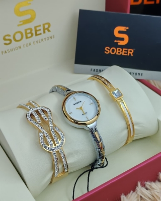 Picture of Women’s Jewelry Gift Set – Flash Plated Gold Half Bangle Diamond Watch, Infinity Pendant Necklace and Swarovski Crystal Bracelet - BUR213YG-S