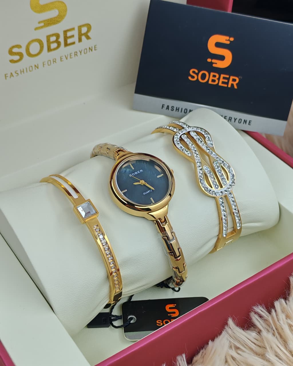 Picture of Women’s Jewelry Gift Set – Flash Plated Gold Half Bangle Diamond Watch, Infinity Pendant Necklace and Swarovski Crystal Bracelet - BUR213YG-S