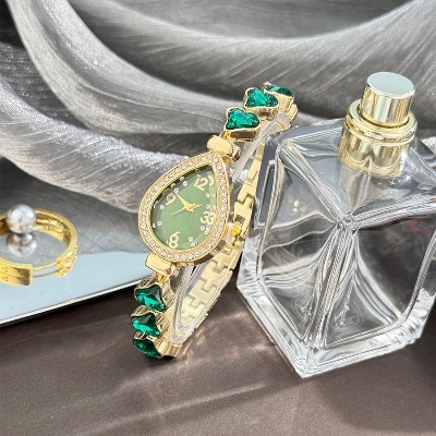 Picture of Elegant freestyle quartz watch for women with embedded diamonds, water drop shaped water box, colorful heart bracelet