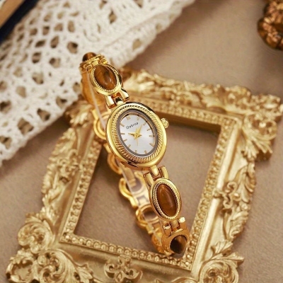 Picture of Women'S Elegant Green & Golden-Tone Quartz Watch with Tiger'S Eye & Natural East Asian Stone Accent - Luxury Brown Dial, Golden-Tone Case & Band