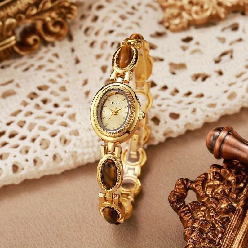 Picture of Women'S Elegant Green & Golden-Tone Quartz Watch with Tiger'S Eye & Natural East Asian Stone Accent - Luxury Brown Dial, Golden-Tone Case & Band