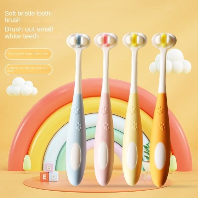 Picture of Children's Toothbrush new 2-12 years old three-sided three-dimensional non-slip handle  5d baby child soft hair toothbrush -1pcs ( Sky Blue)