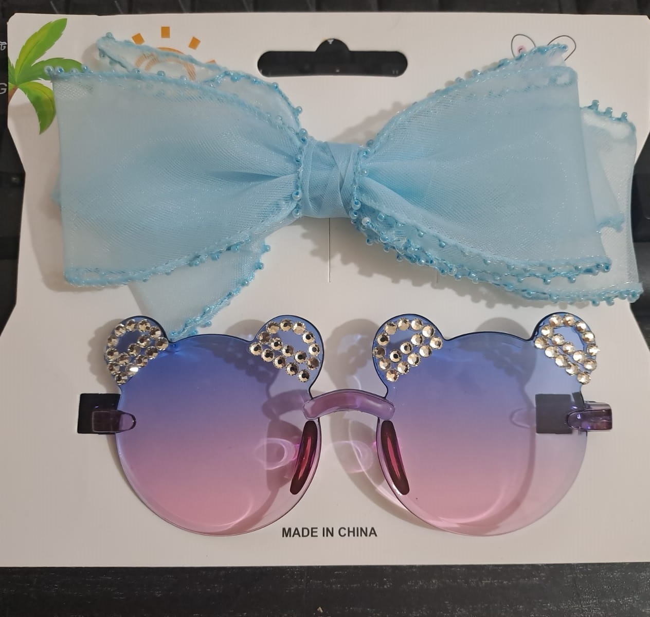 Picture of Stylish Bear Shape Stone Sunglass & Bow Clip Combo