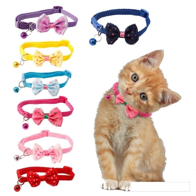 Picture of Pet tie Cat Collar Adjustable Dot Prints Doggy Bow Tie Lightly Blue Color