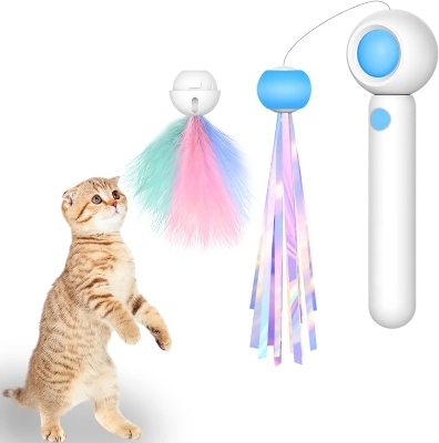 Picture of Qiunery Cat Interactive Toys, Retractable Cat Teaser Wand With Replaceable Feather Head And Sound Tassel Teaser Stick With Light For Cats Kittens Pet Supplies