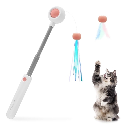 Picture of Qiunery Cat Interactive Toys, Retractable Cat Teaser Wand With Replaceable Feather Head And Sound Tassel Teaser Stick With Light For Cats Kittens Pet Supplies