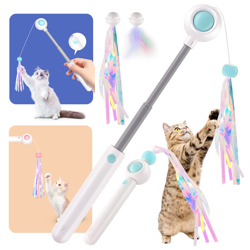 Picture of Qiunery Cat Interactive Toys, Retractable Cat Teaser Wand With Replaceable Feather Head And Sound Tassel Teaser Stick With Light For Cats Kittens Pet Supplies