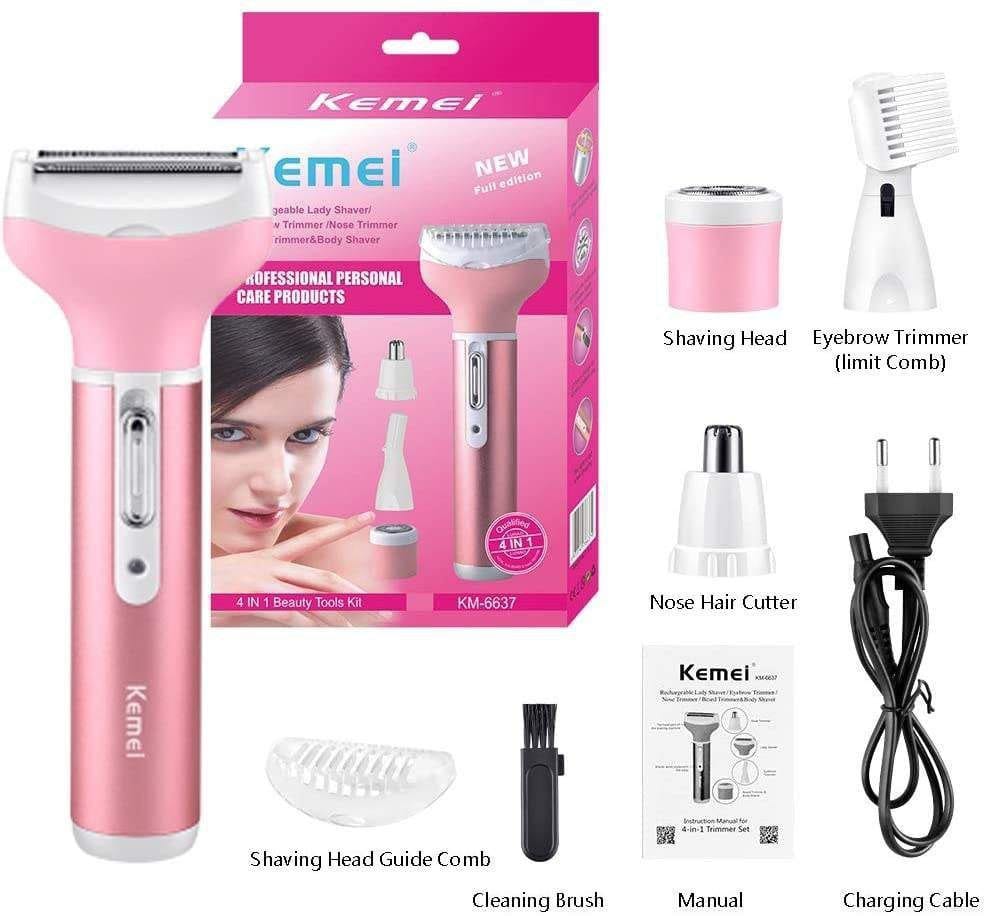 Picture of Kemei KM-6637 Multifunctional 4 in 1 Rechargeable woman body shaver Beard Eyebrow, Nose Trimmer set Female Electric shaver