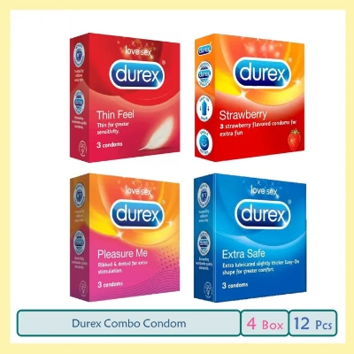 Picture of Durex Condom Thin Feel, Extra Safe, Pleasure Me, Strawberry Combo 4 Pack 12 Pcs (Made in Thailand)