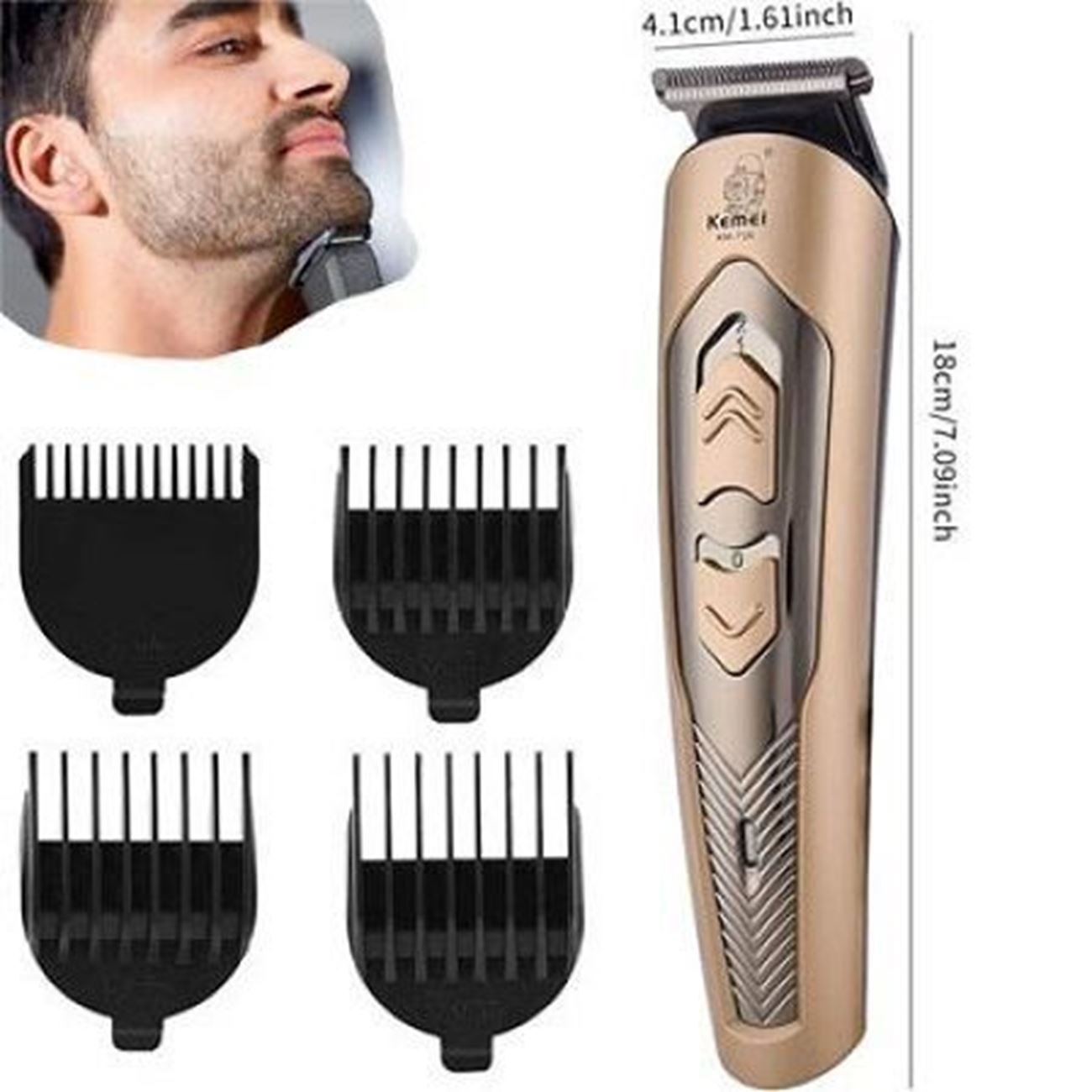 Picture of Kemei KM-756 Hair Trimmer and Beard Trimmer 4 size Comb Gold.