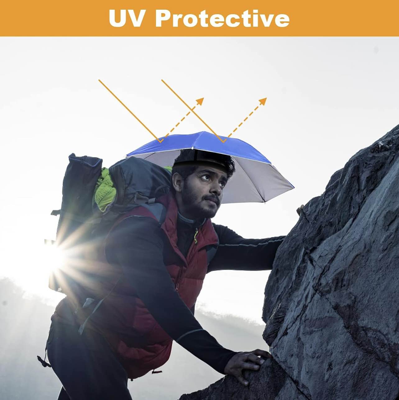 Picture of Umbrella Hat for Adults Women Men-Hands-Free Elastic Headband hat for Fishing/Camping/Farming/Gardening/Photography/Sports Events/Costume Fun - Blue