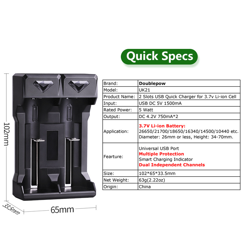 Picture of Doublepow UK21 Micro USB Port Dual Slot Universal 3.7V Li-ion Battery Charger for 18650/26650/18500/14500/10440/16340 etc Lithium Battery Fast Charger with Full Charge Indication System - 1 Piece Charger