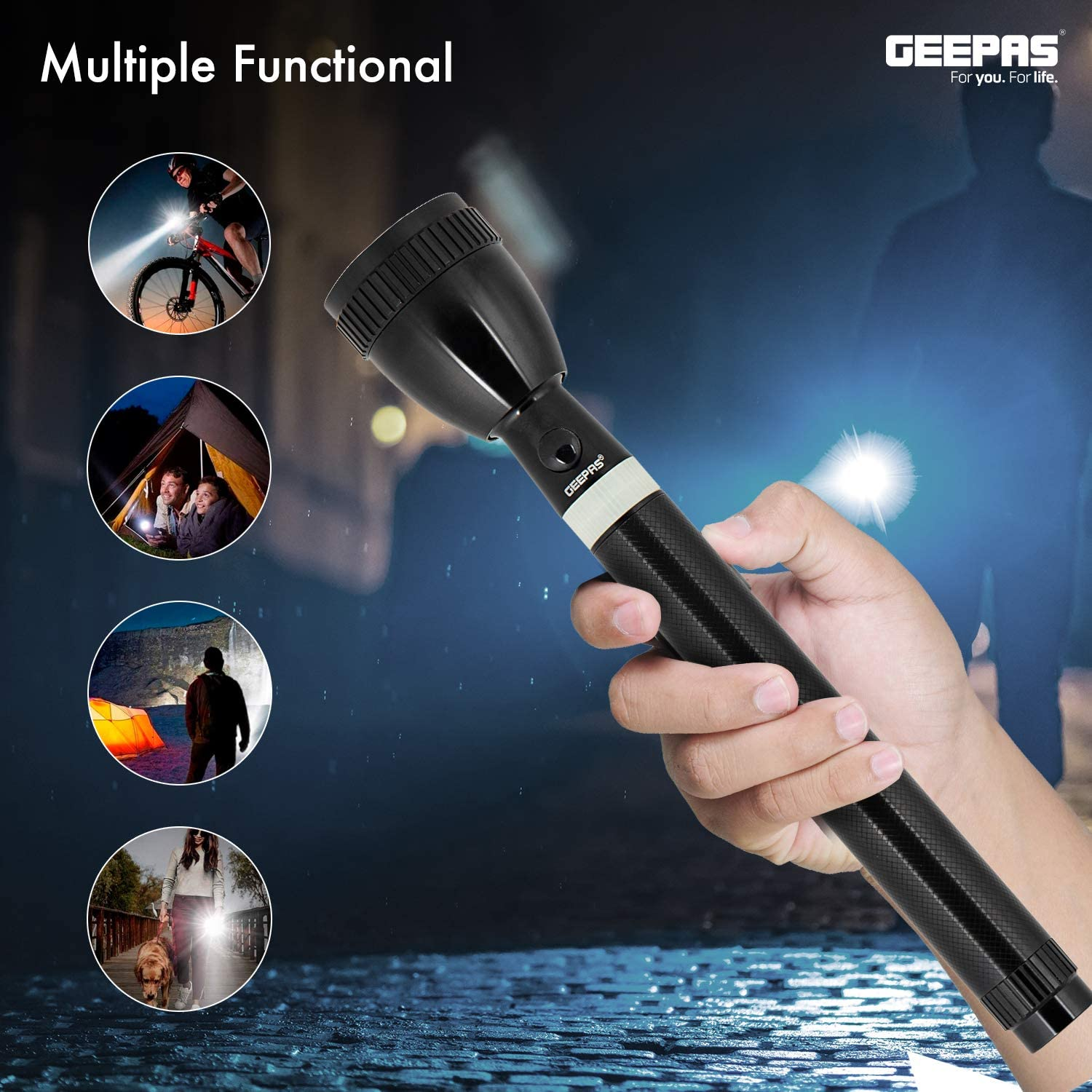 Picture of GEEPAS Original GFL3803N Rechargeable LED Flashlight (Torch Light Body Color : Grey), Portable & Lightweight | 2×18650 3.7V 5000mAh Li-ion Rechargeable Battery | 4hrs* Working | Ideal for Indoor & Outdoor Activities | Powerful Torch - 1 Piece