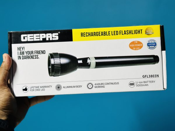 Picture of GEEPAS Original GFL3803N Rechargeable LED Flashlight (Torch Light Body Color : Grey), Portable & Lightweight | 2×18650 3.7V 5000mAh Li-ion Rechargeable Battery | 4hrs* Working | Ideal for Indoor & Outdoor Activities | Powerful Torch - 1 Piece