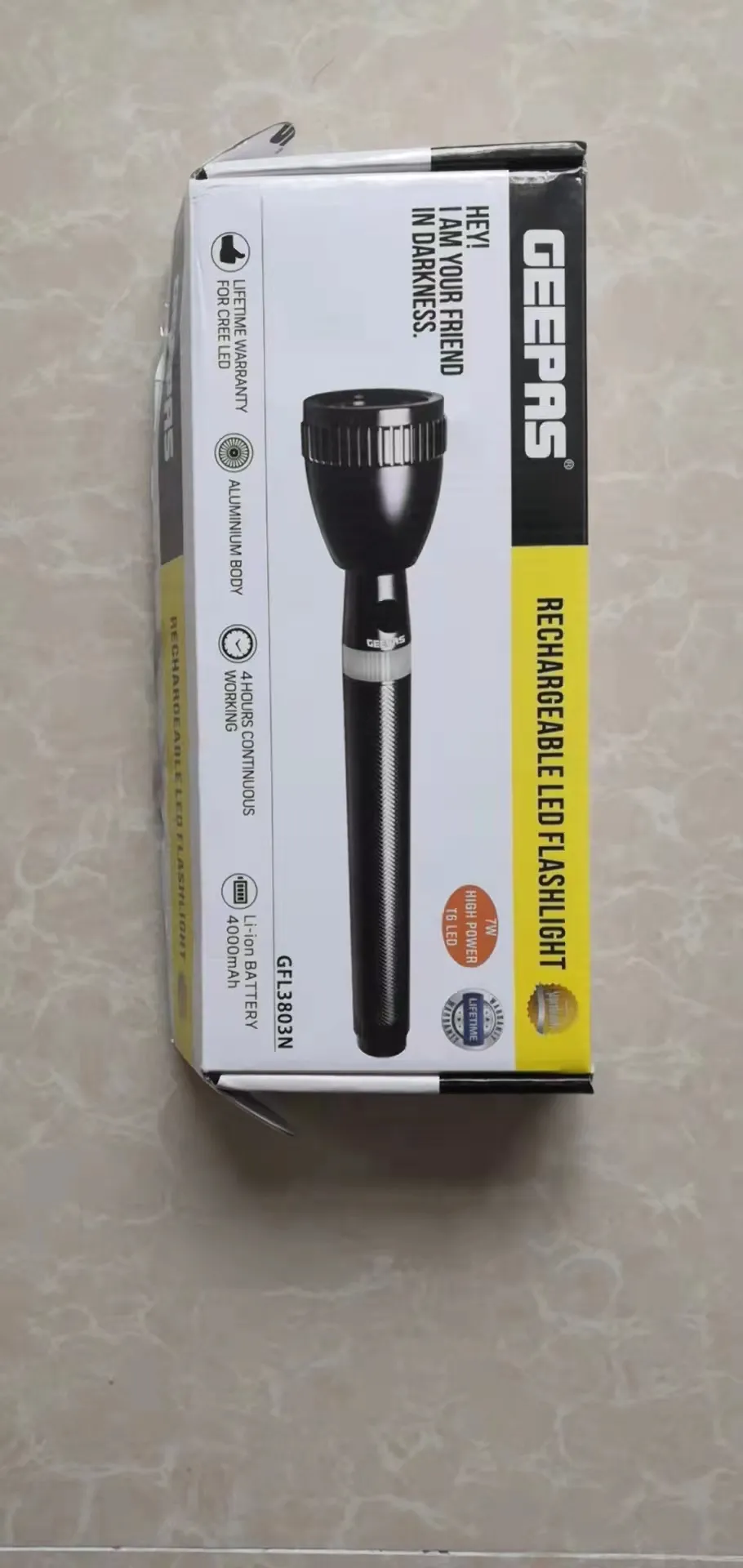 Picture of GEEPAS Original GFL3803N Rechargeable LED Flashlight (Torch Light Body Color : Grey), Portable & Lightweight | 2×18650 3.7V 5000mAh Li-ion Rechargeable Battery | 4hrs* Working | Ideal for Indoor & Outdoor Activities | Powerful Torch - 1 Piece