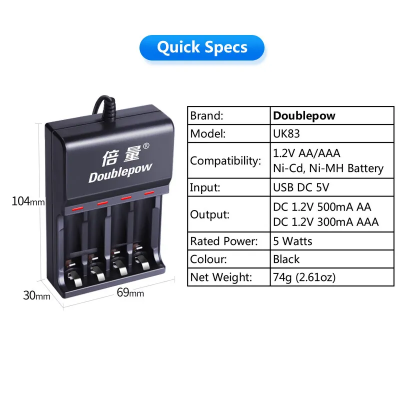 Picture of Doublepow UK83 4-slot Fast Battery Charger with 4 Pieces AA Size 1.2V 1300mAh Ni-MH Battery Combo Packs