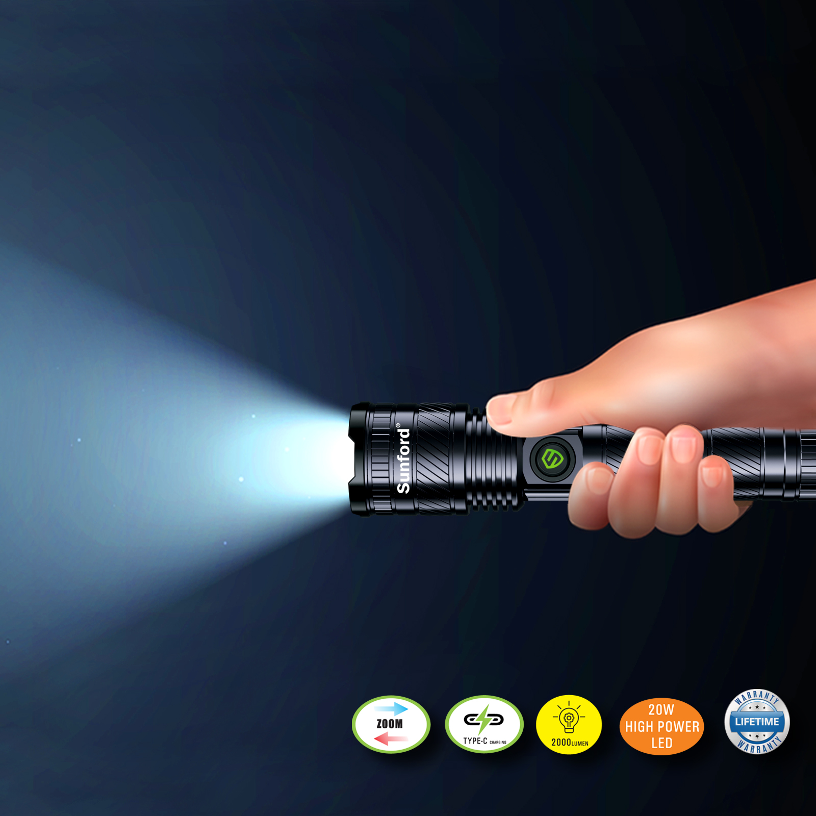 Picture of Sunford SF-470ZL Telescopic Zoomable 20W High Powered White LASER LED Zoom Flashlight - 1 Piece