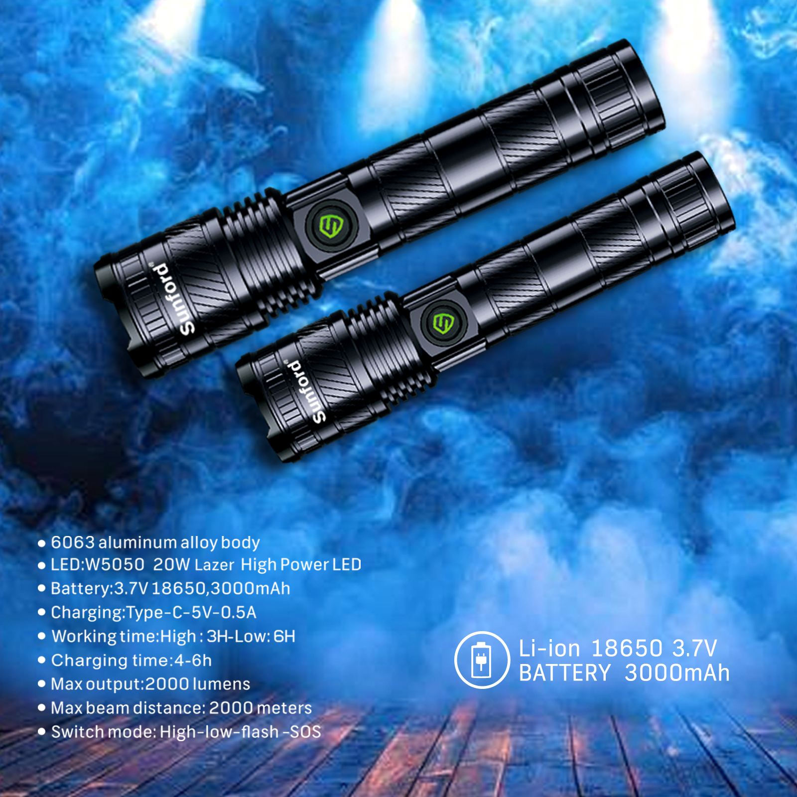 Picture of Sunford SF-470ZL Telescopic Zoomable 20W High Powered White LASER LED Zoom Flashlight - 1 Piece