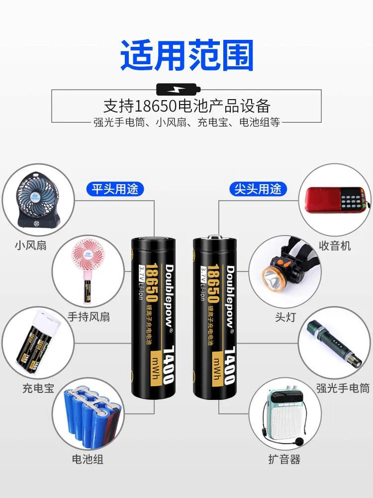Picture of Doublepow 18650 3.7V 7400mWh Lithium ion Rechargeable Li-ion Battery (Flat Top) - 1 piece