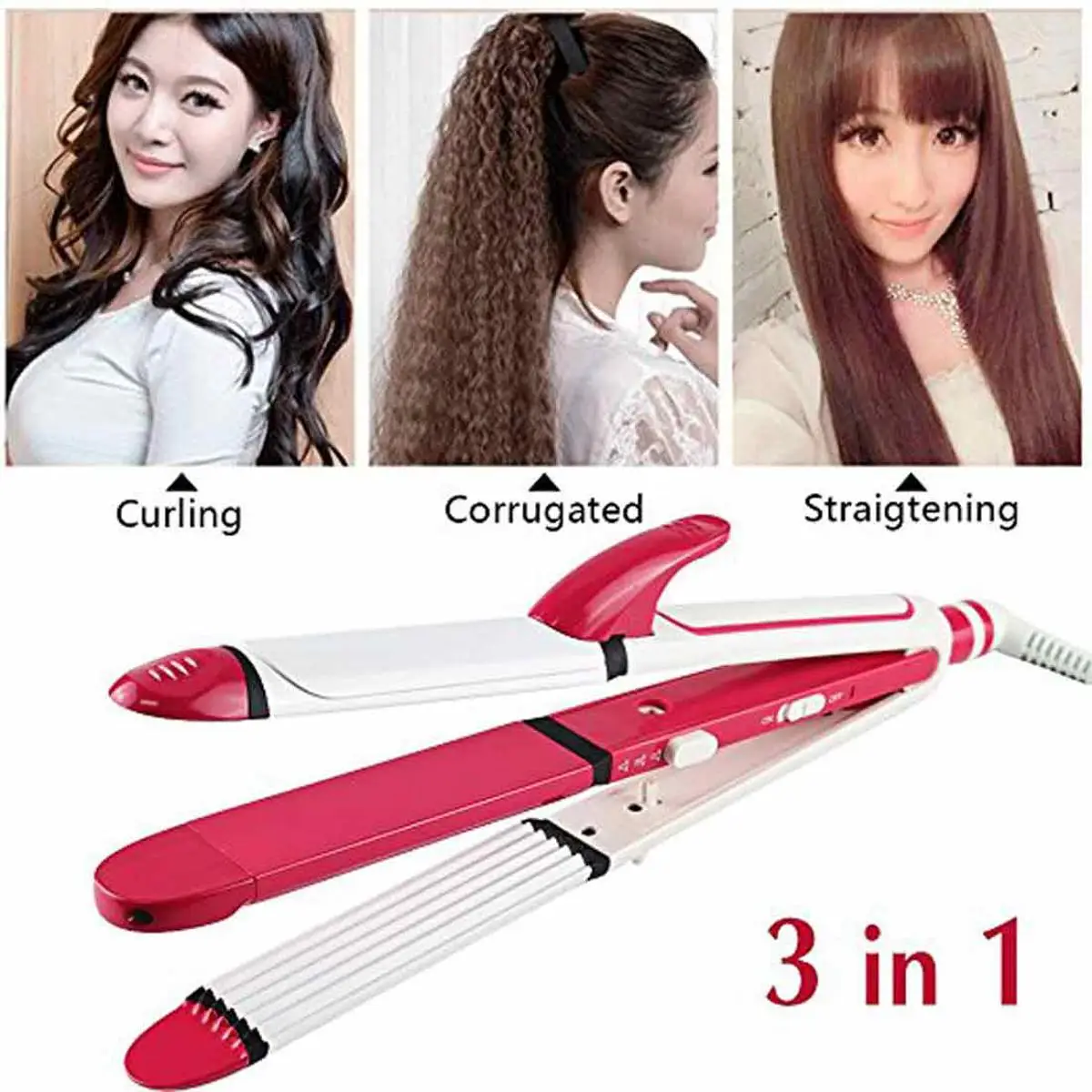 Picture of Kemei Km-1291 Professional 3 In 1 Electric Multifunction Ceramic coating Iron Wave Zig Zag Hair Curler and Straighter for women