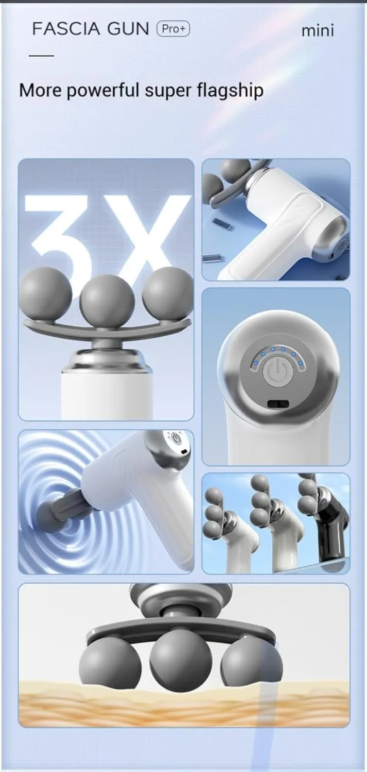 Picture of Portable Massage Gun, Triple head Massage Gun Pro+ Mini, 3-Head Percussion, 6-Speed Settings, Deep Tissue Muscle Relief, 2300-3200RPM, with 9 Attachments, 1200mAh Battery