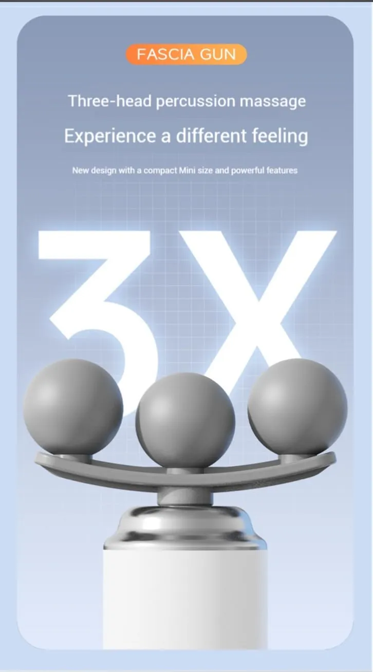 Picture of Portable Massage Gun, Triple head Massage Gun Pro+ Mini, 3-Head Percussion, 6-Speed Settings, Deep Tissue Muscle Relief, 2300-3200RPM, with 9 Attachments, 1200mAh Battery