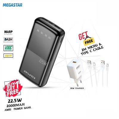 Picture of Awei 20000mAh 22.5W Fast Charge Power Bank with Charger Cable Bundle (P13K) Black