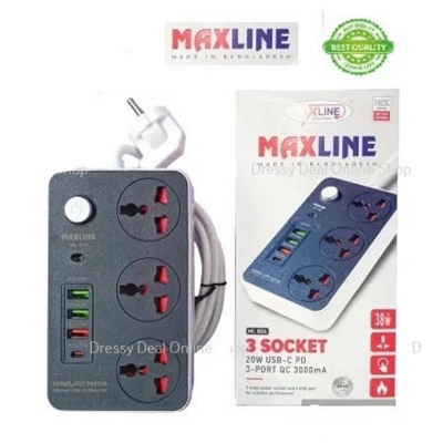 Picture of Maxline ML-804, Multifunction 3 Socket & 4 USB With Lightning Port Fast Charging PD20W QC3.0 Multiplug Power 3 Socket Multiplug