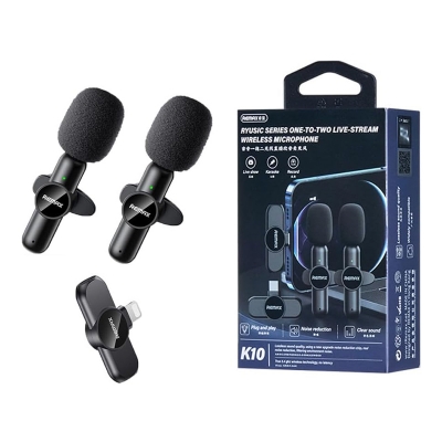 Picture of RE-MAX K10 Wireless Microphone for iPhone, 2.4GHz Lightning Connector, Dual Lavalier Mics, Noise Cancellation, 6-8 Hours Battery Life for Live Video Recording & Streaming for iphone ipad recording - Black