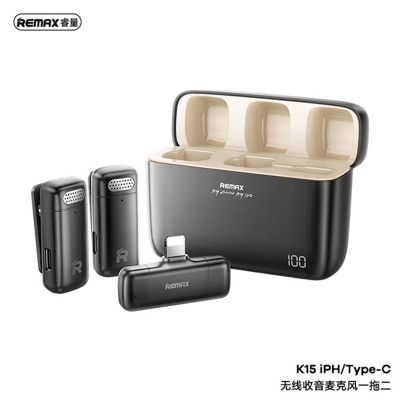 Picture of Re-max K15 Wireless Microphone -Type C 2-in-1 Wireless Radio Microphone – Bluetooth Mic for Smartphones with Built-in FM Radio, Ideal for Vlogging, Podcasting, Live Streaming & Interviews - Black