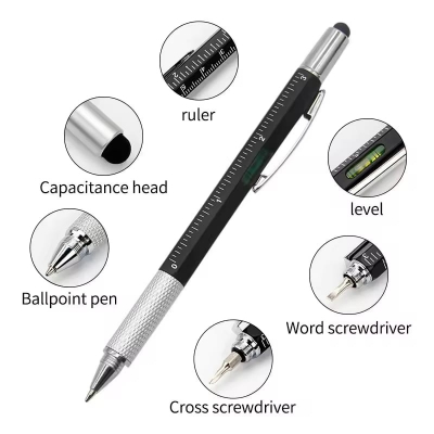 Picture of 6 in 1 Multifunctional Pen Touch Screen Stylus Capacitive Pen with Screwdriver Ruler Levelgauge Refillable Ballpoint Pencil Tool - Black