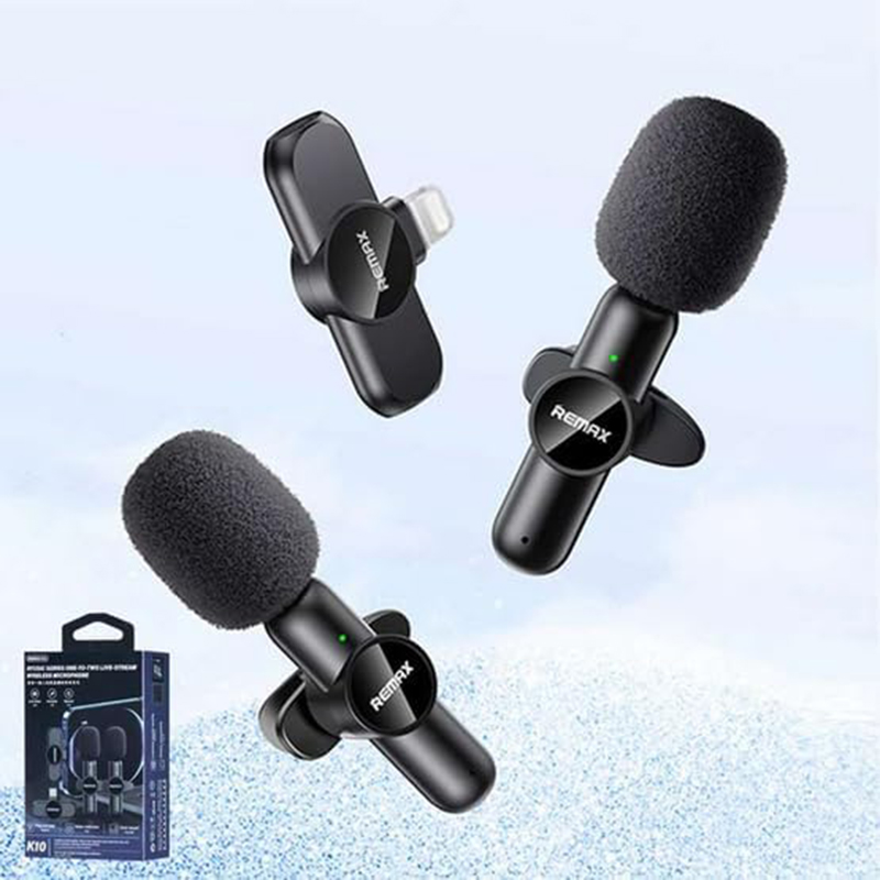 Picture of RE-MAX K10 Wireless Microphone for iPhone, 2.4GHz Lightning Connector, Dual Lavalier Mics, Noise Cancellation, 6-8 Hours Battery Life for Live Video Recording & Streaming for iphone ipad recording - Black