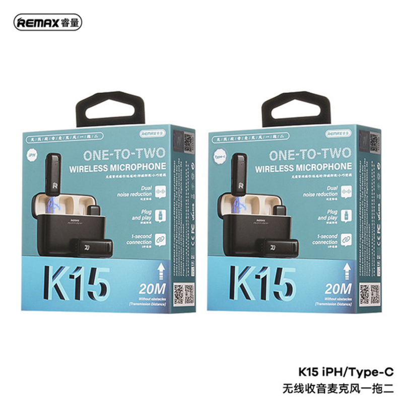 Picture of Re-max K15 Wireless Microphone -Type C 2-in-1 Wireless Radio Microphone – Bluetooth Mic for Smartphones with Built-in FM Radio, Ideal for Vlogging, Podcasting, Live Streaming & Interviews - Black