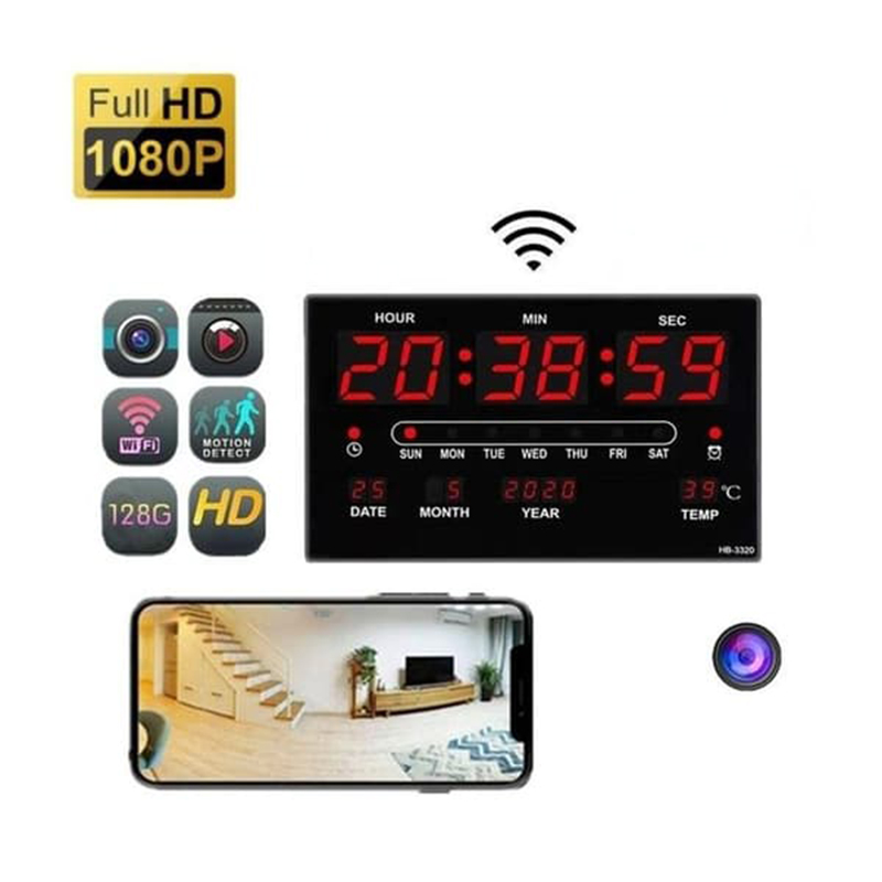 Picture of LED Digital Number Clock Wi-Fi Camera HD 1080P Pixels Camera DVR P2P with battery backup and voice with Timer, Alarm Clock, Snooze Function, Temperature Display - Black