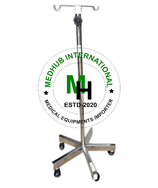 Picture of Full Stainless Steel Large Size Saline Stand with 5 Wheel for Hospital/Home Use - Silver