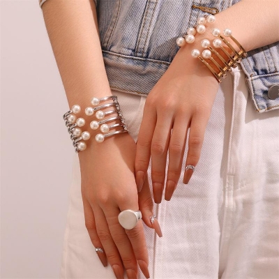 Picture of Elegant Gold-Tone Cuff Bracelet with Pearl Embellishments