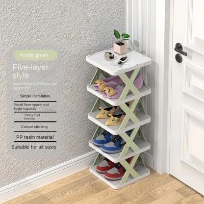 Picture of 5-Tier Small Tall narrow vertical shoe rack,Stackable Free Standing Shoe Rack,Space Saving Furniture Shoe Storage Organizer,Green