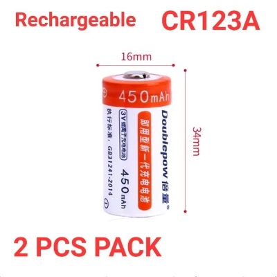 Picture of Doublepow CR123A  3V 450mAh Rechargeable Lithium LiFePO4 Polaroid Battery for Digital Camera, Flashlights etc - 2 Pieces Pack ( Orange )