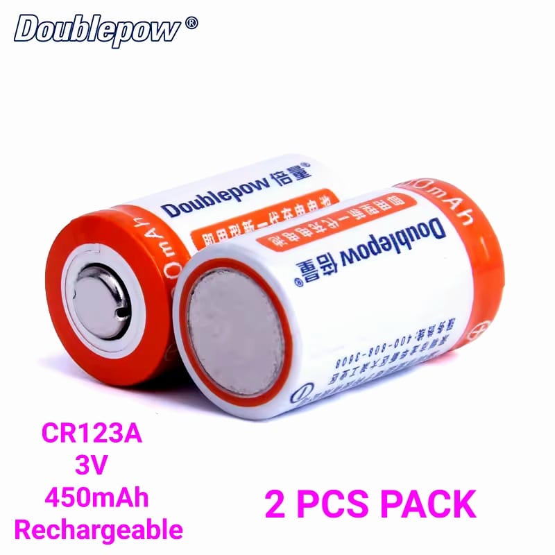 Picture of Doublepow CR123A  3V 450mAh Rechargeable Lithium LiFePO4 Polaroid Battery for Digital Camera, Flashlights etc - 2 Pieces Pack ( Orange )
