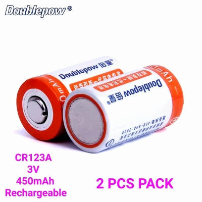 Picture of Doublepow CR123A  3V 450mAh Rechargeable Lithium LiFePO4 Polaroid Battery for Digital Camera, Flashlights etc - 2 Pieces Pack ( Orange )