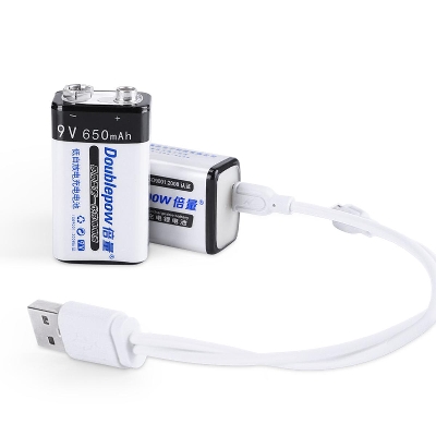 Picture of Doublepow  9V 650mAh Rechargeable Lithium-ion Battery with Built-in Micro USB Charging Port & LED Indicator Facility Ideal for Multimeters, Smoke Detectors and More - 2 Pieces ( White )